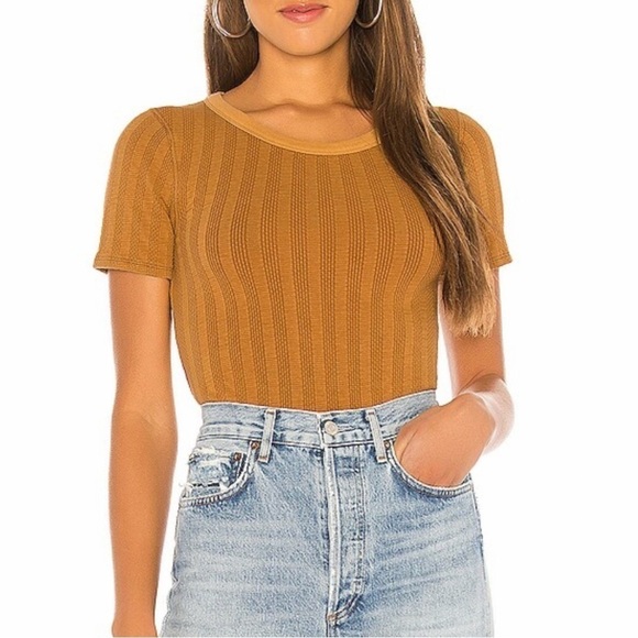 NWT Free People Escape Ribbed Tee in Tamarind Combo Gold - Picture 1 of 7